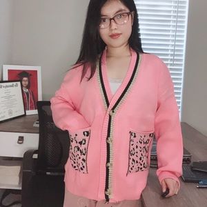 Women long sleeve v neck leopard button knit sweater cardigan jacket pullover